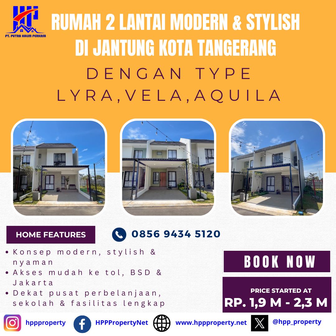 Rumah 2 Lantai Modern & Stylish di Jantung Kota Tangerang Dengan Type Lyra,Vela,Aquila